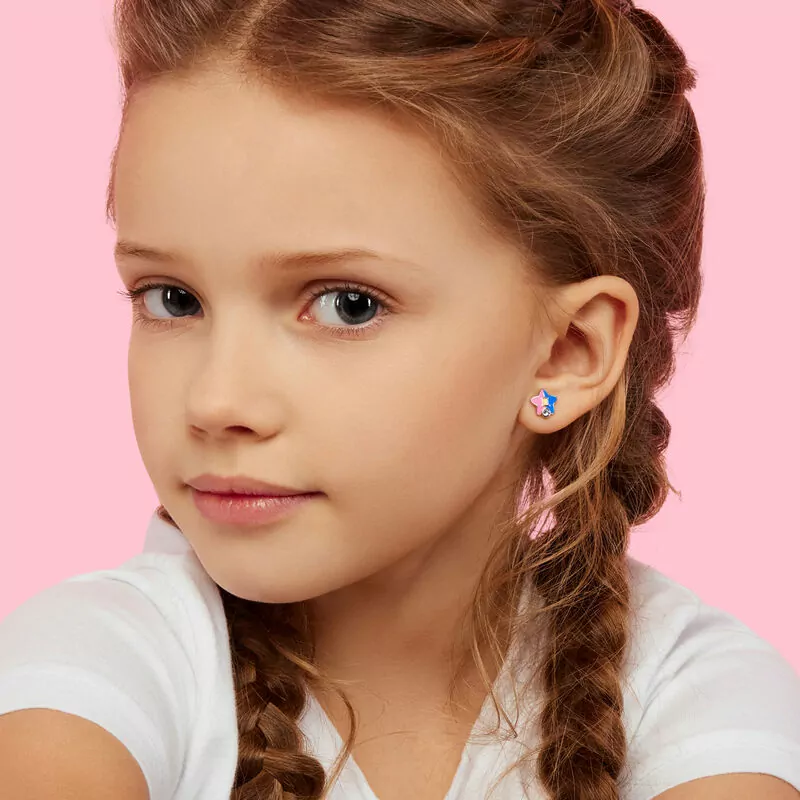 Сережки-зірочки Близнюки з талісманом з блакитними фіанітами фото