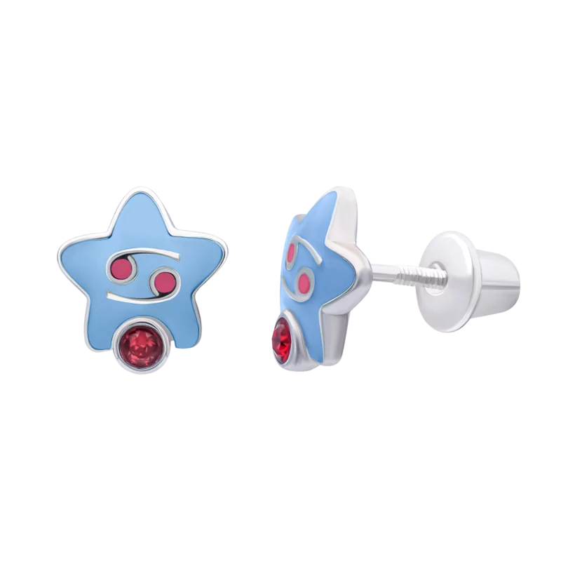 Сережки-зірочки Рак з талісманом з червоними фіанітами фото