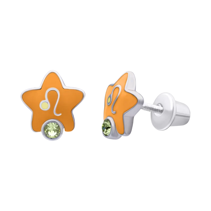 Сережки-зірочки Лев з талісманом із зеленими фіанітами фото