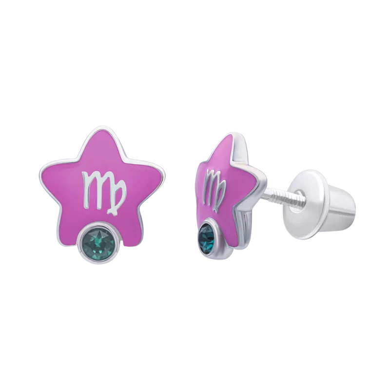 Сережки-зірочки Діва з талісманом з бірюзовими фіанітами фото