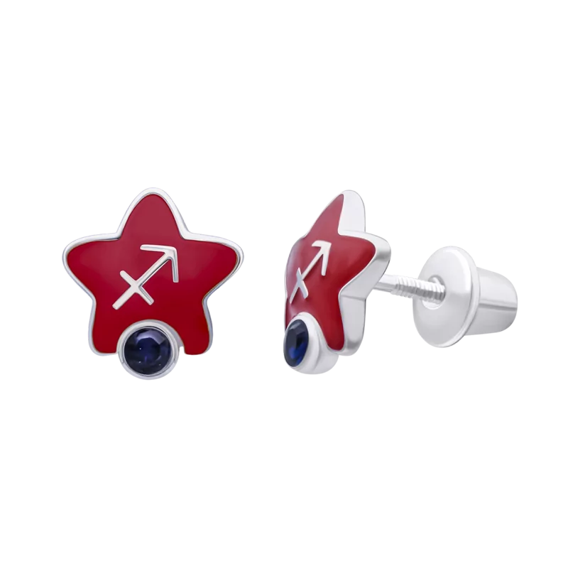 Сережки-зірочки Стрілець з талісманом із синіми фіанітами фото