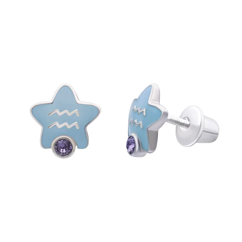 Сережки-зірочки Водолій з талісманом з фіолетовими фіанітами фото