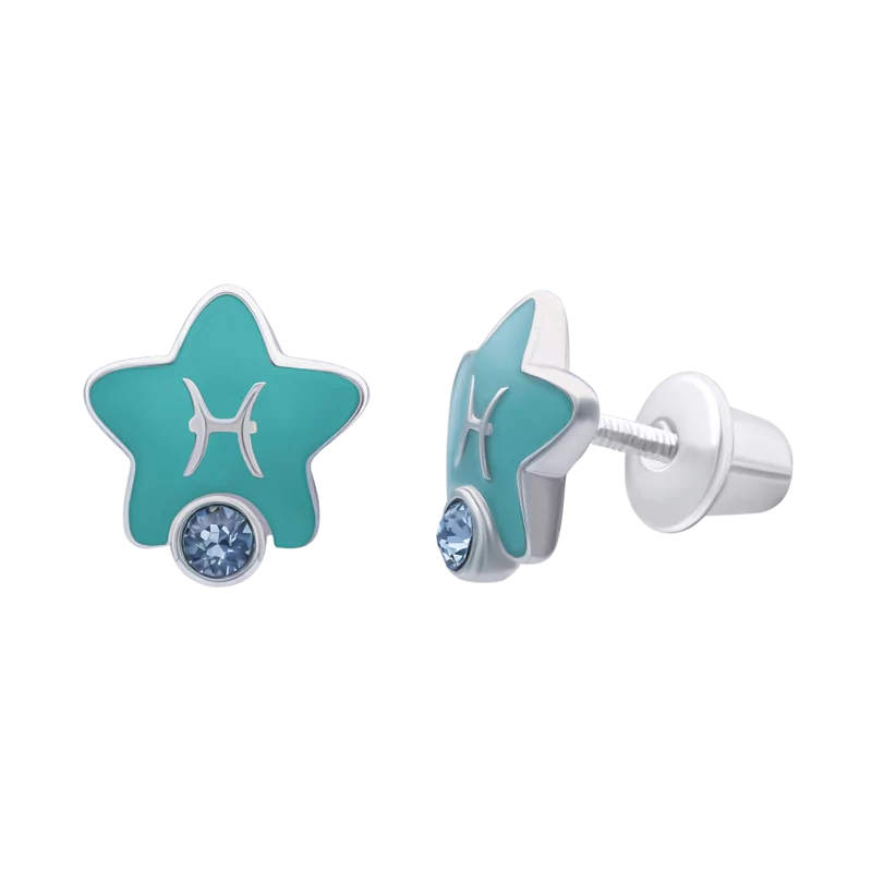 Сережки-зірочки Риби з талісманом з аквамариновими фіанітами фото