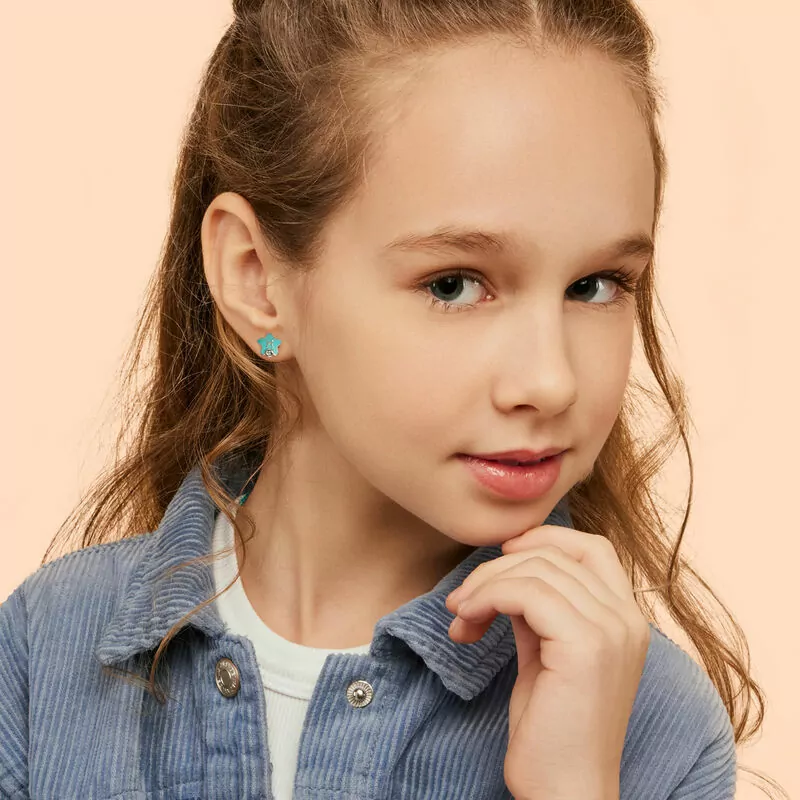 Сережки-зірочки Риби з талісманом з аквамариновими фіанітами фото