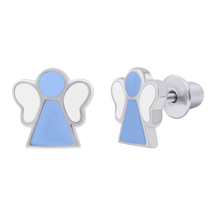 Сережки Ангелочек с голубой и белой эмалью фото