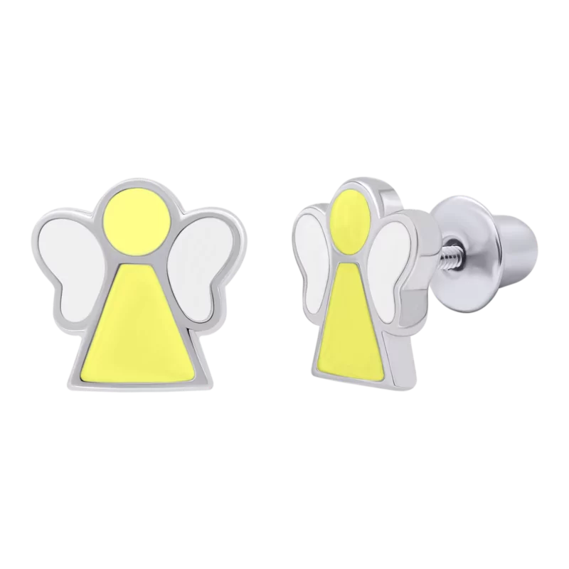 Сережки Янголятко з жовтою та білою емаллю фото