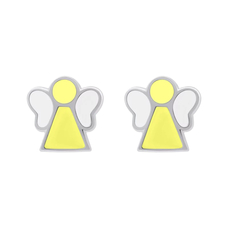 Сережки Янголятко з жовтою та білою емаллю фото
