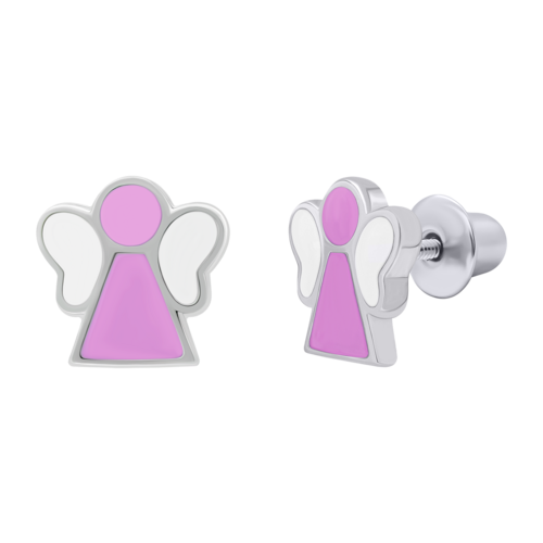 Сережки Ангелочек с розовой и белой эмалью фото