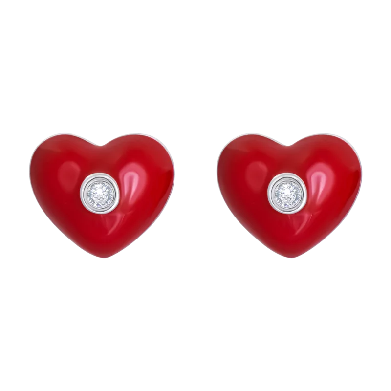 Сережки-пусети Серденько з червоною емаллю та Swarovski Zirconia photo