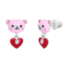 Сережки-пусети Ведмежатко з серцем із рожевою, червоною емаллю та фіанітами фото №1