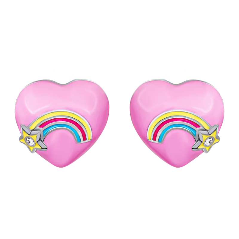 Сережки-пусети Веселкове серце з рожевою емаллю та фіанітами фото