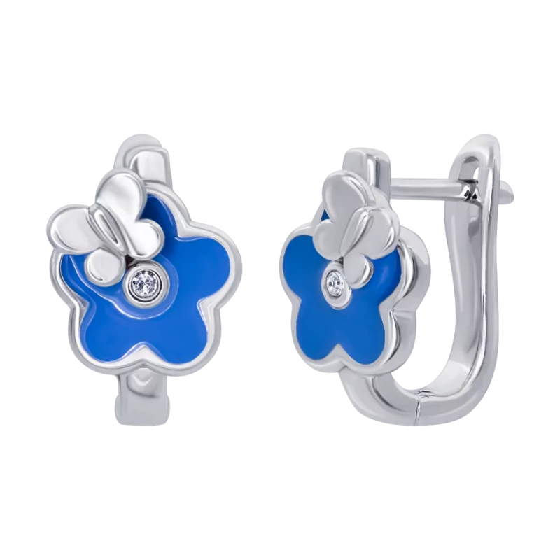 Сережки Квіточка з метеликом із синьою емаллю та фіанітами фото