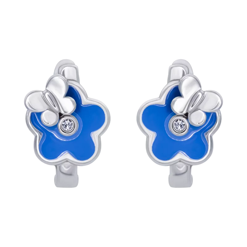 Сережки Квіточка з метеликом із синьою емаллю та фіанітами фото