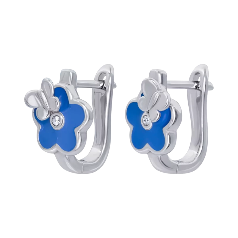 Сережки Квіточка з метеликом із синьою емаллю та фіанітами фото