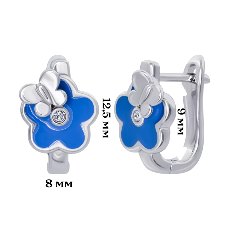 Сережки Квіточка з метеликом із синьою емаллю та фіанітами фото