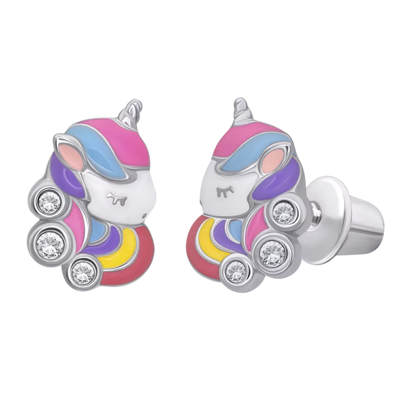 Сережки Кольоровий єдиноріг із різнобарвною емаллю та фіанітами фото