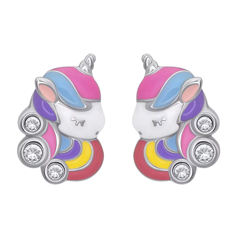 Сережки Кольоровий єдиноріг із різнобарвною емаллю та фіанітами фото