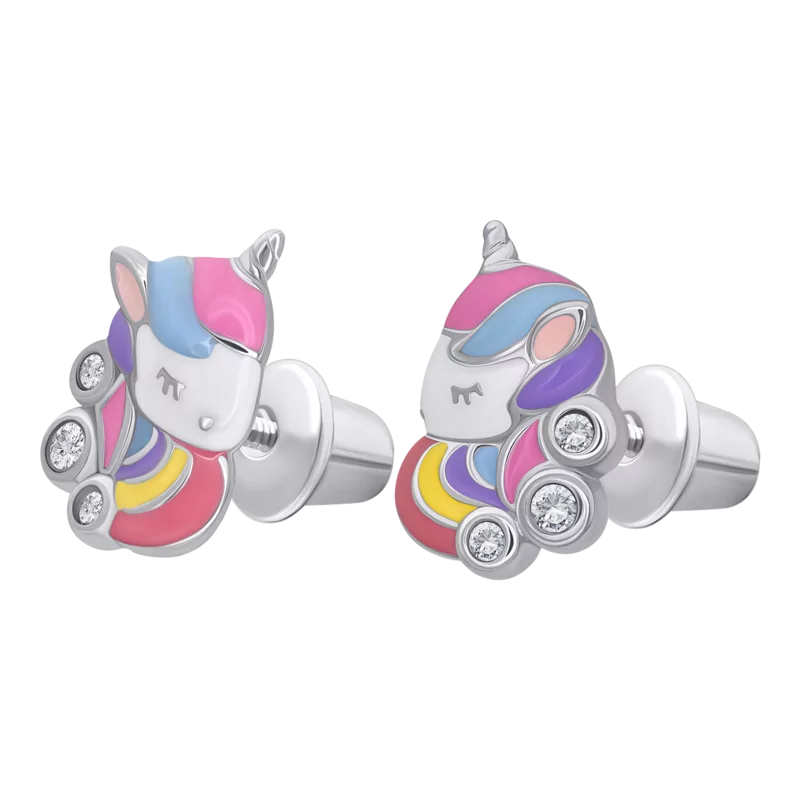 Сережки Кольоровий єдиноріг із різнобарвною емаллю та фіанітами фото