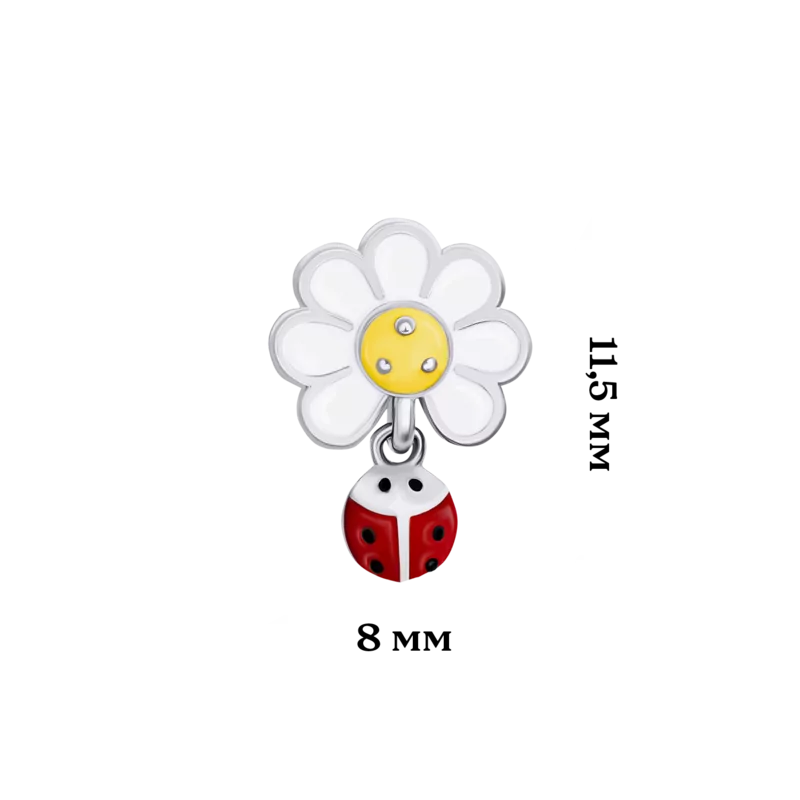 Сережки-пуссеты Ромашка с божьей коровкой с белой, желтой и красной эмалью фото