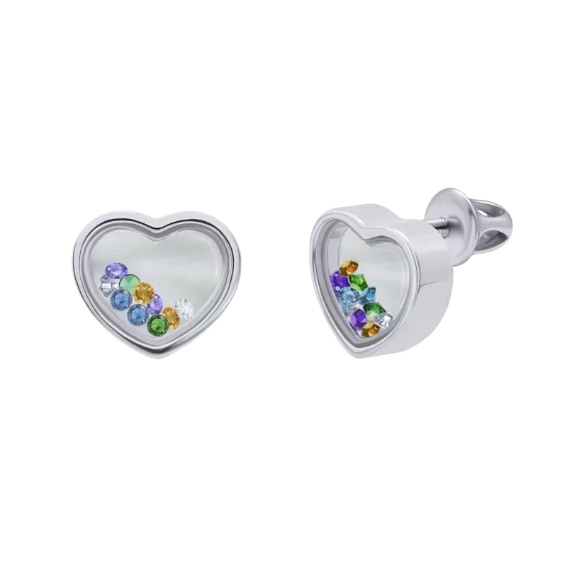 Сережки Серце велике з кольоровими рухливими фіанітами фото