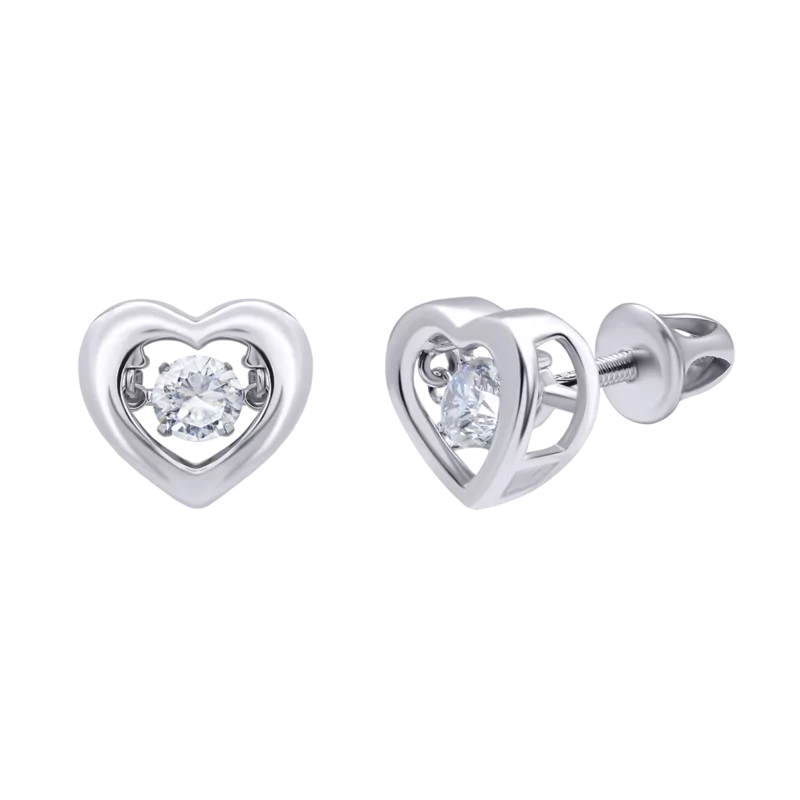 Сережки Серце велике з танцюючим каменем безбарвне фото