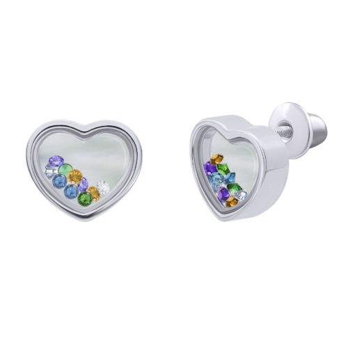 Сережки Серце мале з кольоровими рухливими фіанітами фото