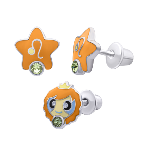 Сережки Лев с талисманом зеленым фианитом фото