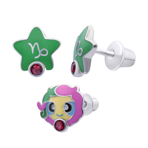 Сережки Козерог с талисманом бордовым фианитом фото