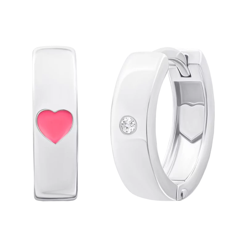 Сережки з білого золота Huggie з серцем двосторонні з діамантами та рожевою емаллю фото