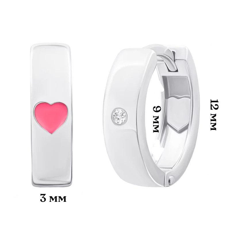 Сережки з білого золота Huggie з серцем двосторонні з діамантами та рожевою емаллю фото