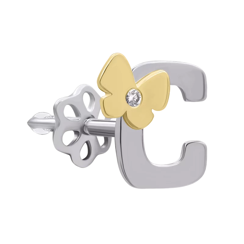 White and yellow gold earring Letter C with diamond photo