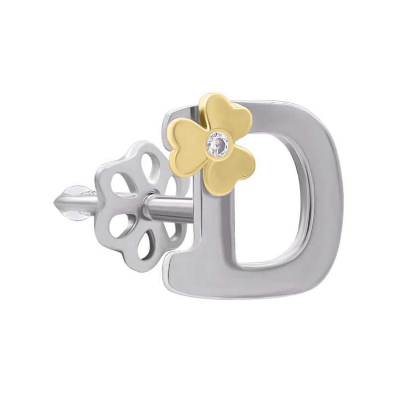 White and yellow gold earring Letter D with diamond photo