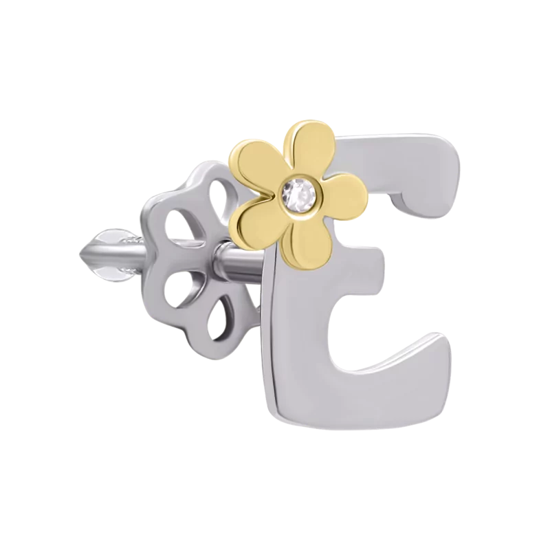 White and yellow gold earring Letter E with diamond photo