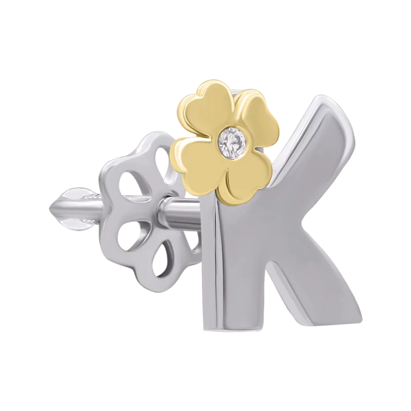 White and yellow gold earring Letter K with diamond photo