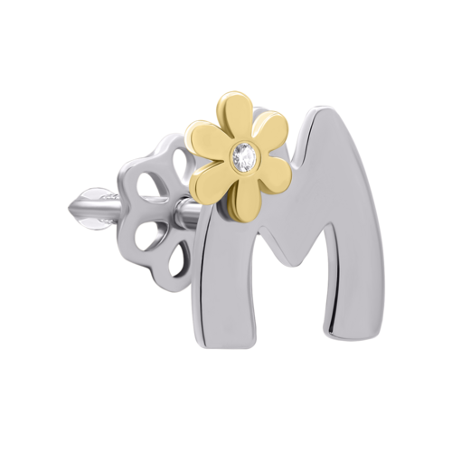 Моносерьга из белого и желтого золота с бриллиантом Буква M фото