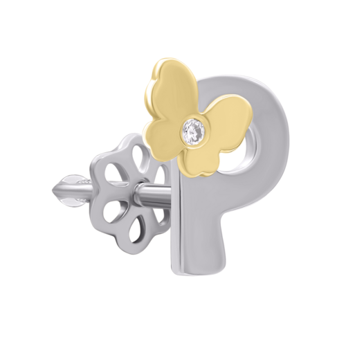 Моносерьга из белого и желтого золота с бриллиантом Буква P фото