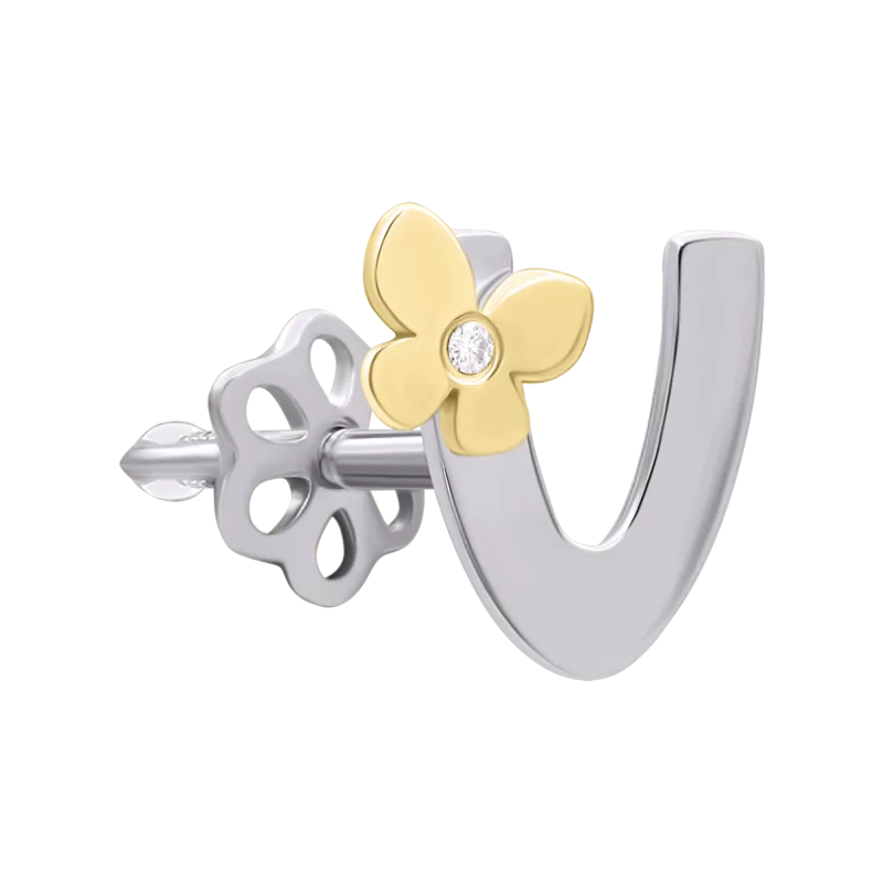 White and yellow gold earring Letter V with diamond photo