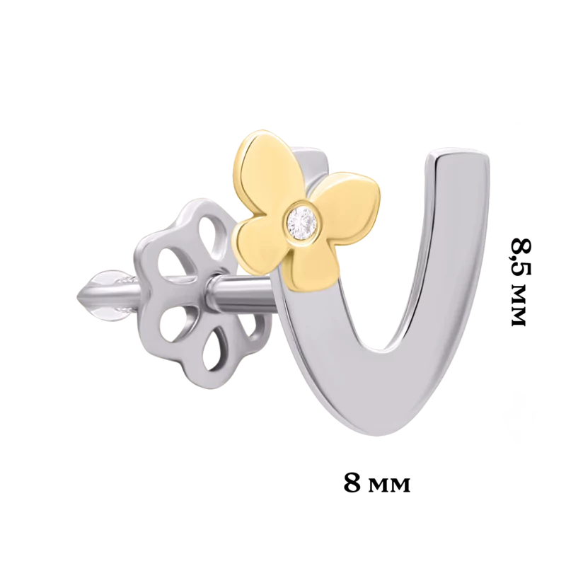 Моносережка з білого та жовтого золота з діамантом Літера V фото