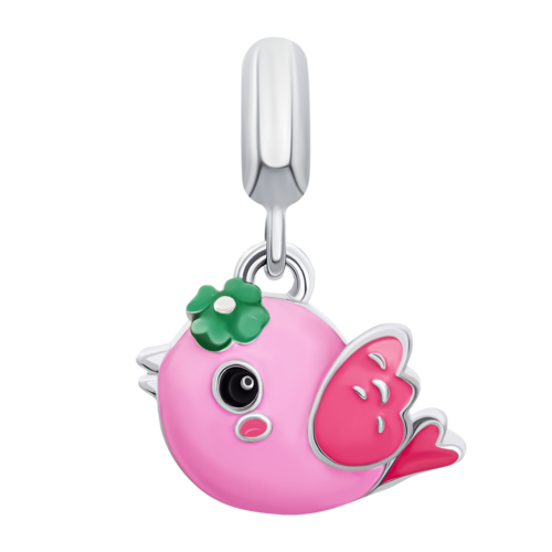 Кулон Птичка с розовой и зеленой эмалью фото