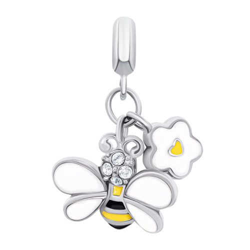 Кулон Пчелка с цветочком с бело-желтой эмалью и фианитами фото