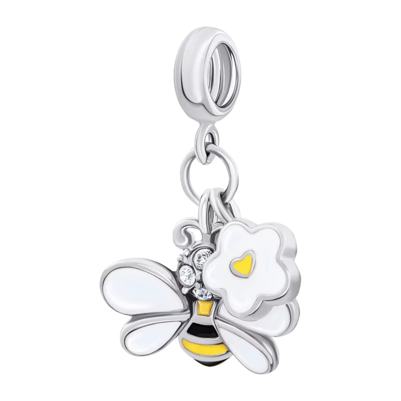 Кулон Бджілка з квіточкою з біло-жовтою емаллю та фіанітами фото