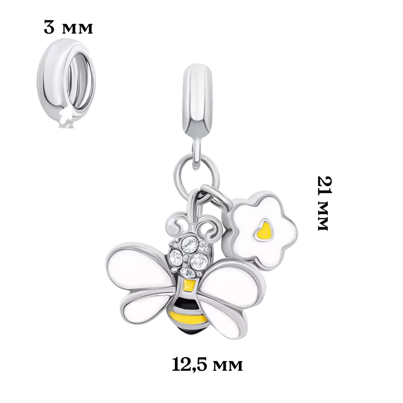 Кулон Пчелка с цветочком с бело-желтой эмалью и фианитами фото