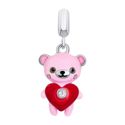 Кулон Мишутка с сердцем с розовой, красной эмалью и фианитом фото