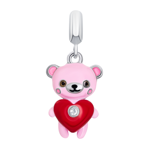 Кулон Мишутка с сердцем с розовой, красной эмалью и фианитом фото