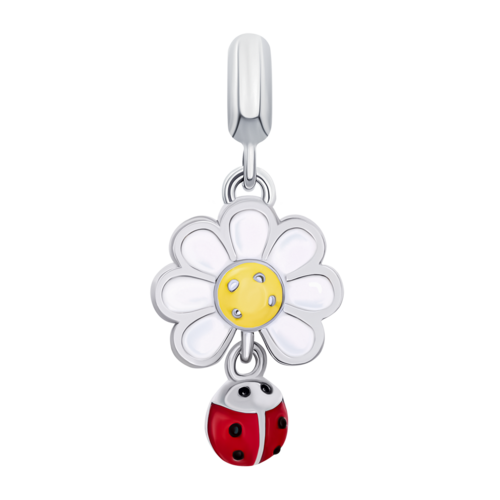 Кулон Ромашка с божьей коровкой с белой, желтой и красной эмалью фото