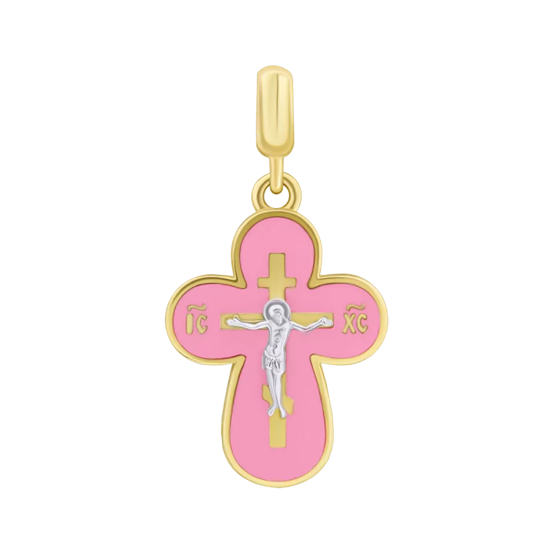 Yellow gold cross with a diamond and pink enamel photo