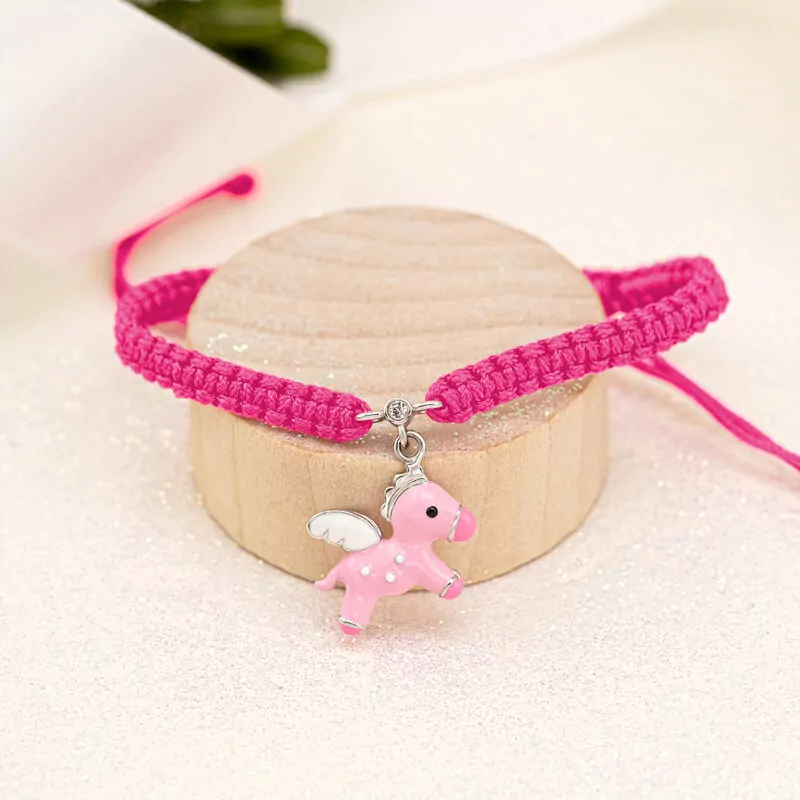 Браслет плетеный Пегас розовый на малиновом ремешке фото