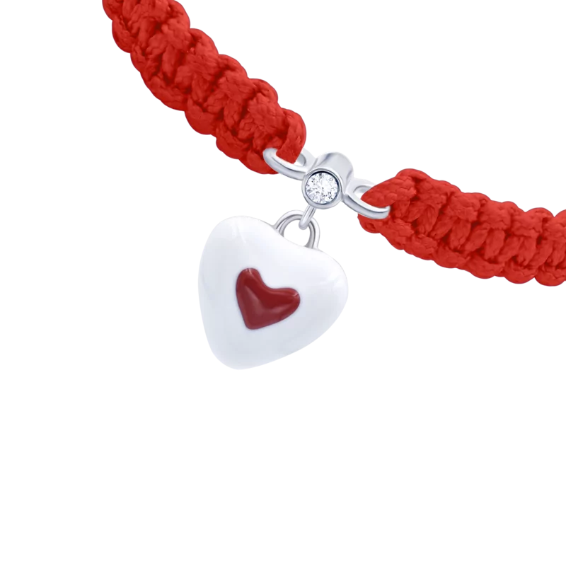 Браслет плетений Серце в серці з біло-червоною емаллю та фіанітом фото