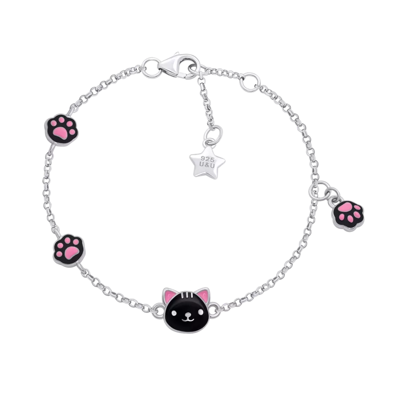 Браслет на ланцюжку Котик з лапкою із чорною та рожевою емаллю фото