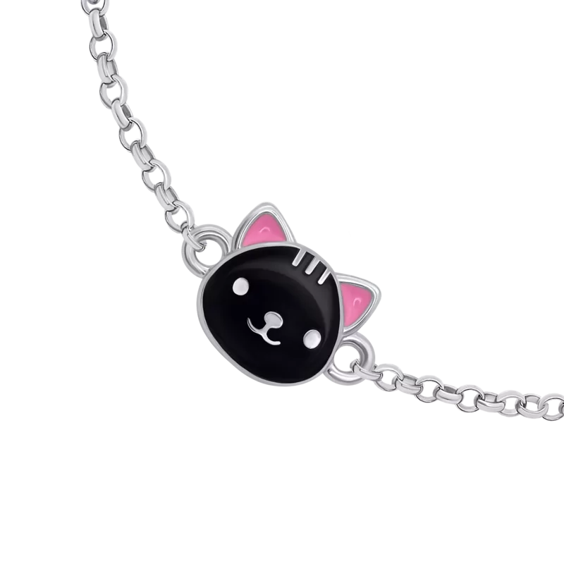 Браслет на ланцюжку Котик з лапкою із чорною та рожевою емаллю фото